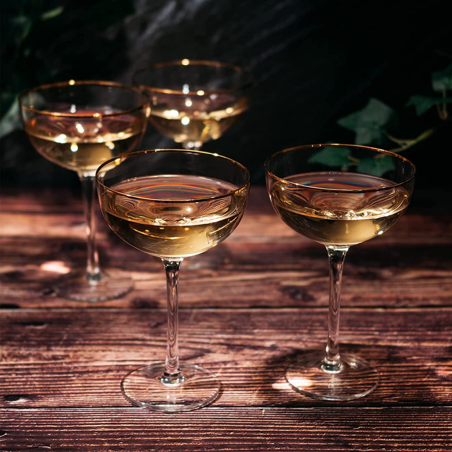 Vintage Crystal Champagne Coupe Gold Rim Glasses | Set of 4 | 7 oz, Gilded Rim Classic Cocktail Glassware - Martini, Manhattan, Cosmopolitan, Sidecar, Daiquiri | 1920s Style Saucer Goblets | Gift Box-1