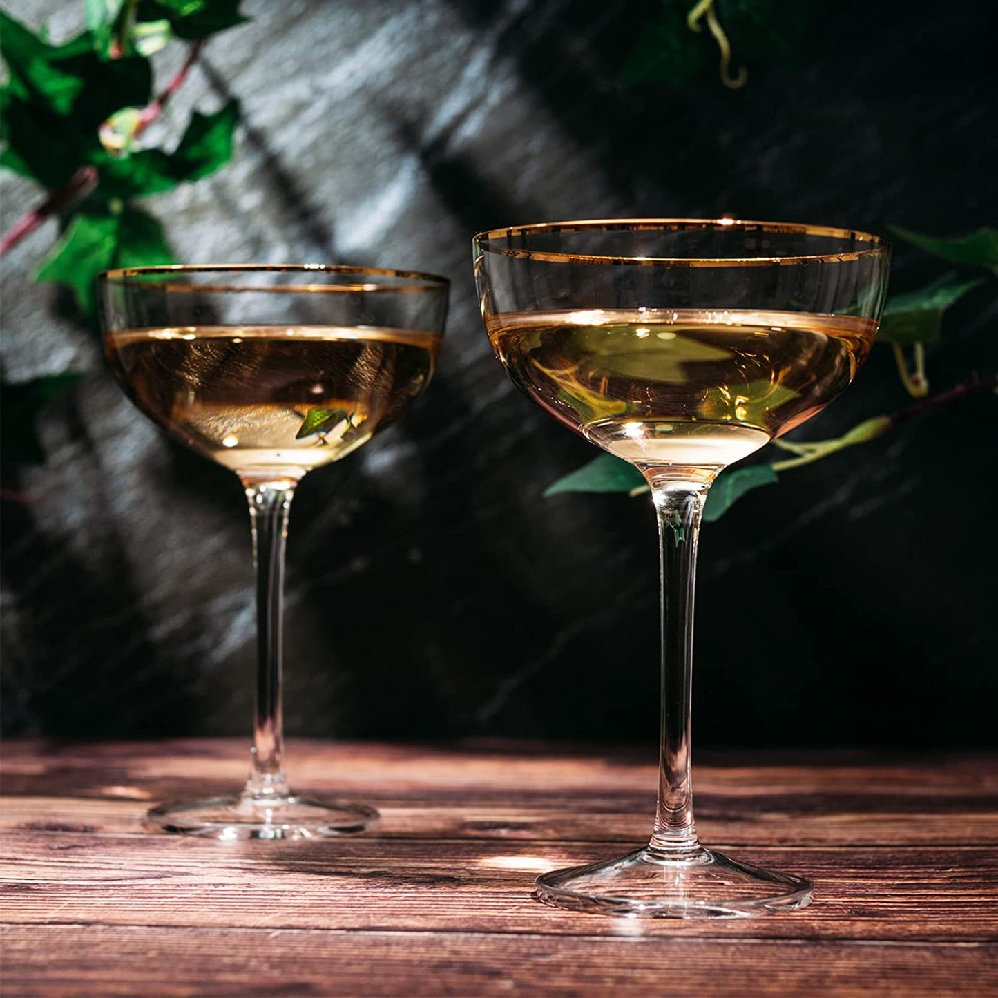 Vintage Crystal Champagne Coupe Gold Rim Glasses | Set of 4 | 7 oz, Gilded Rim Classic Cocktail Glassware - Martini, Manhattan, Cosmopolitan, Sidecar, Daiquiri | 1920s Style Saucer Goblets | Gift Box-2