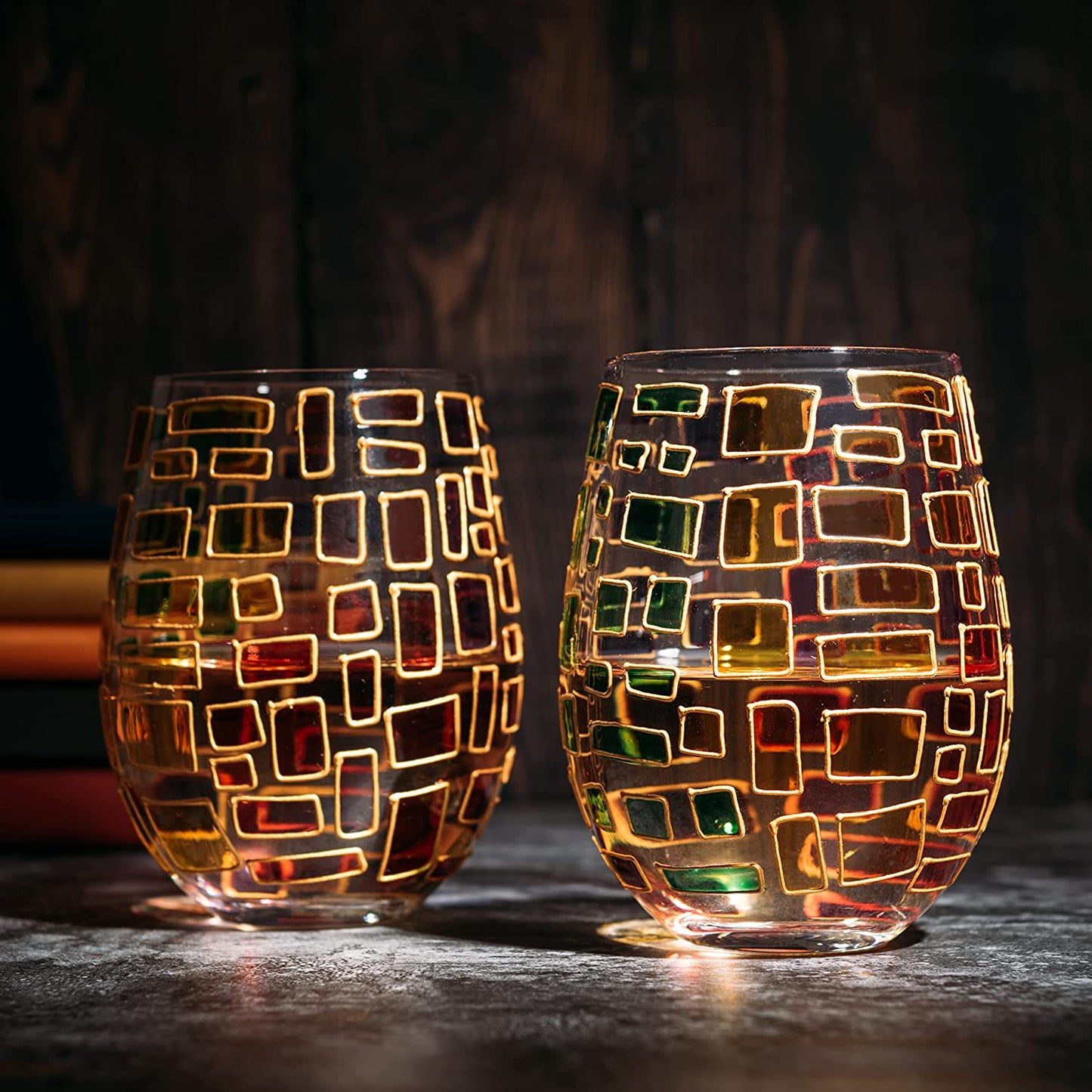 The Wine Savant Renaissance Stained Glass Windows, Artisanal Hand Painted Glassware Gift Idea Her, Him, Birthday, Mom, Housewarming, Gifts Ideas for Women & Men Art Deco (Stemless Wine Glasses)-1