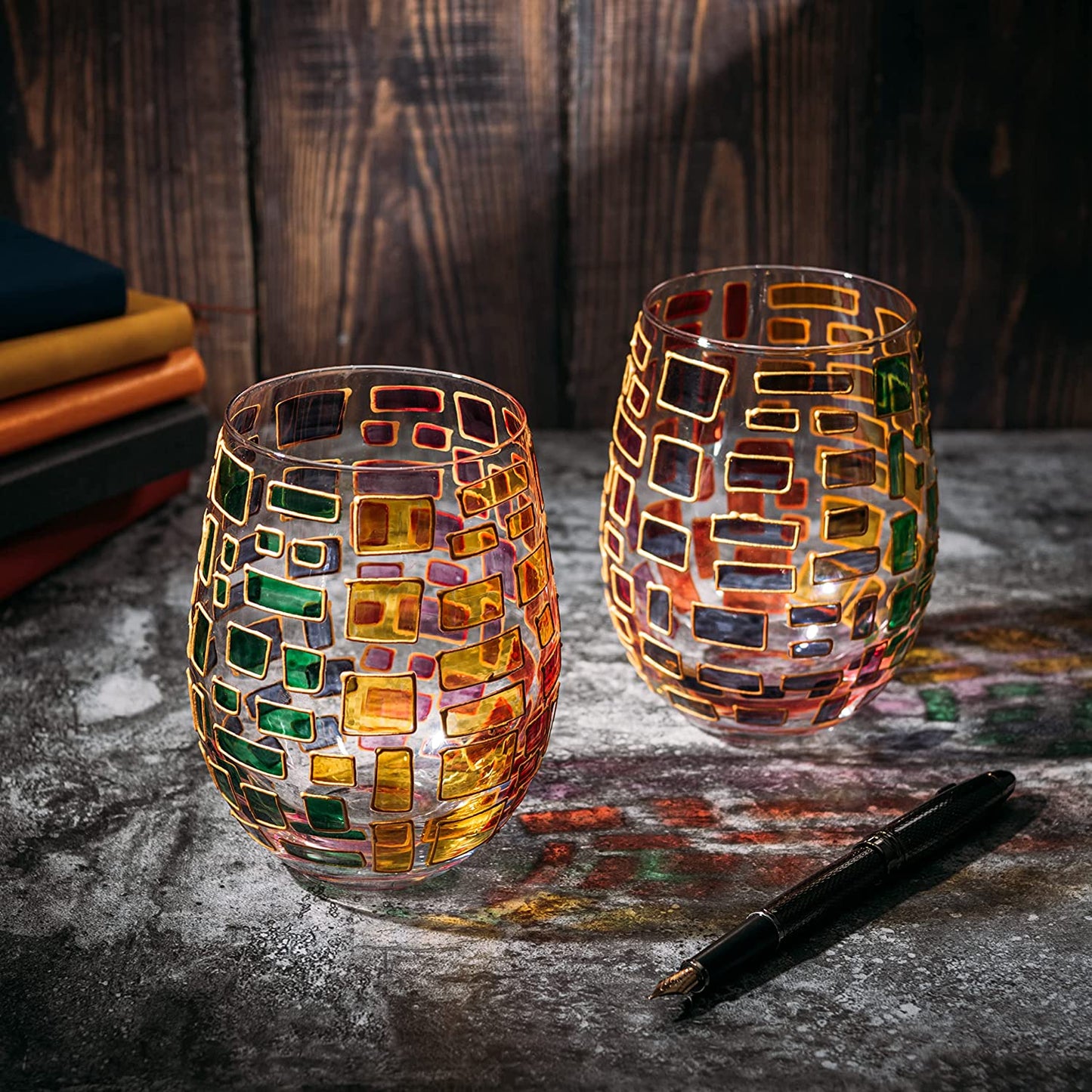 The Wine Savant Renaissance Stained Glass Windows, Artisanal Hand Painted Glassware Gift Idea Her, Him, Birthday, Mom, Housewarming, Gifts Ideas for Women & Men Art Deco (Stemless Wine Glasses)-2