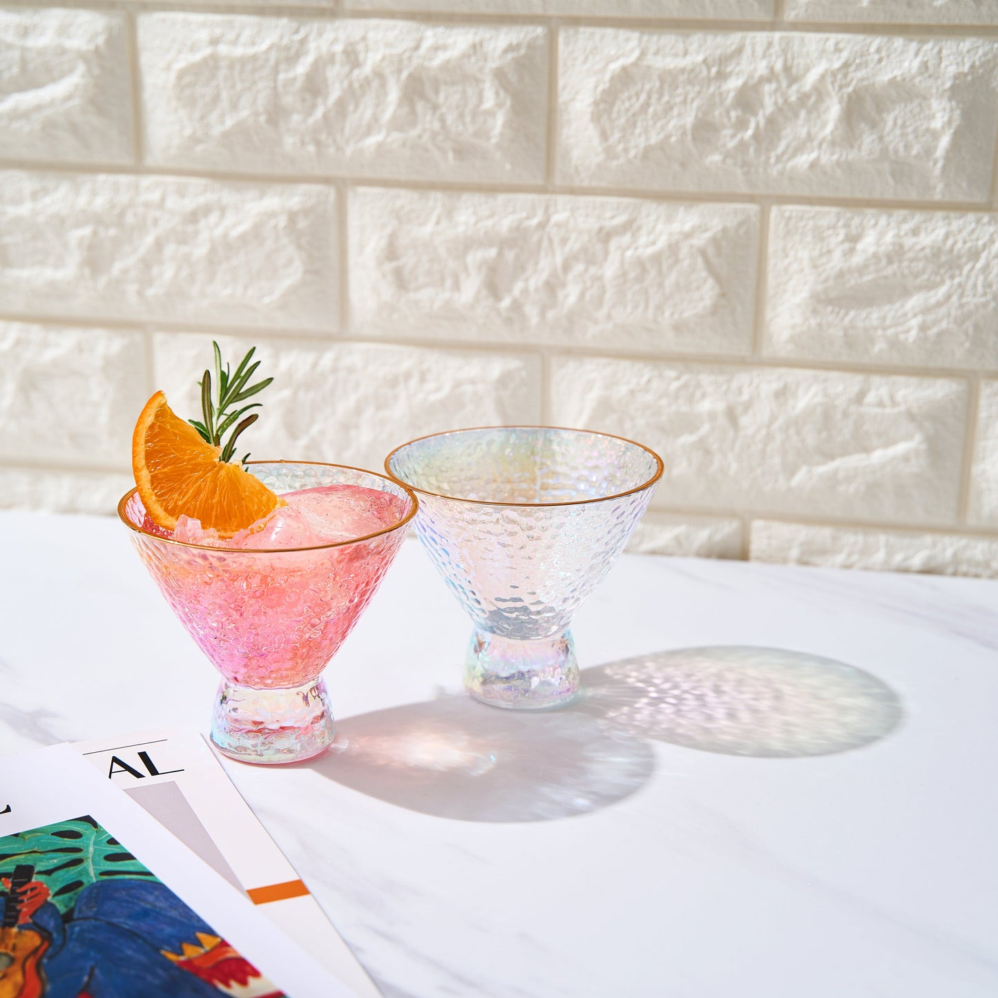 Iridescent Lustered Stemless Martini Glasses Set of 2 - Hammered Cocktail & Martini Glasses - Luxury Gift Box - Gold Rim 8oz Colorful Stemless Glassware - Weddings, Anniversary, Christmas, Barware-3