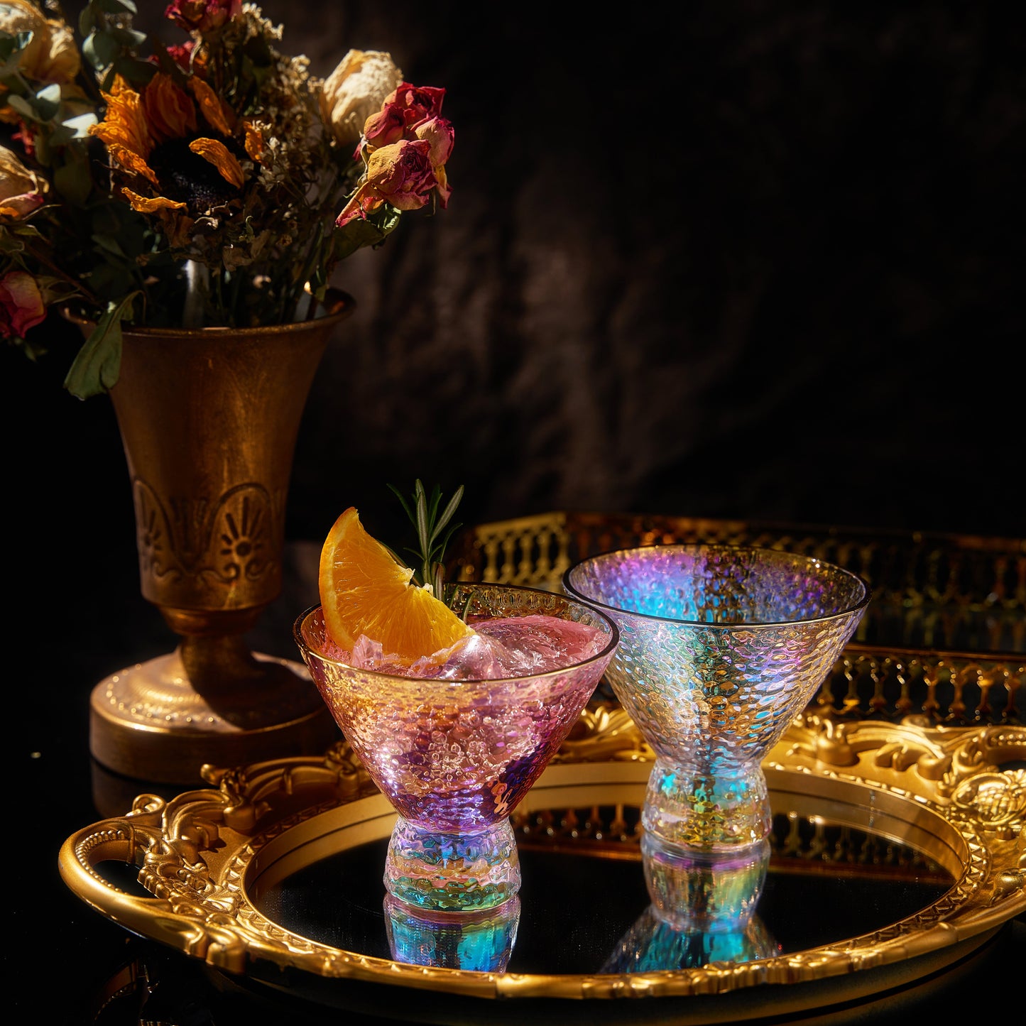 Iridescent Lustered Stemless Martini Glasses Set of 2 - Hammered Cocktail & Martini Glasses - Luxury Gift Box - Gold Rim 8oz Colorful Stemless Glassware - Weddings, Anniversary, Christmas, Barware-2
