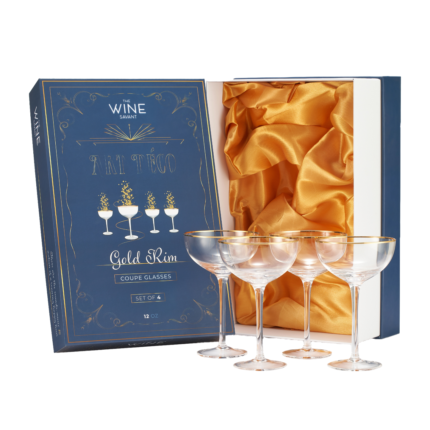 Vintage Crystal Champagne Coupe Gold Rim Glasses | Set of 4 | 7 oz, Gilded Rim Classic Cocktail Glassware - Martini, Manhattan, Cosmopolitan, Sidecar, Daiquiri | 1920s Style Saucer Goblets | Gift Box-0