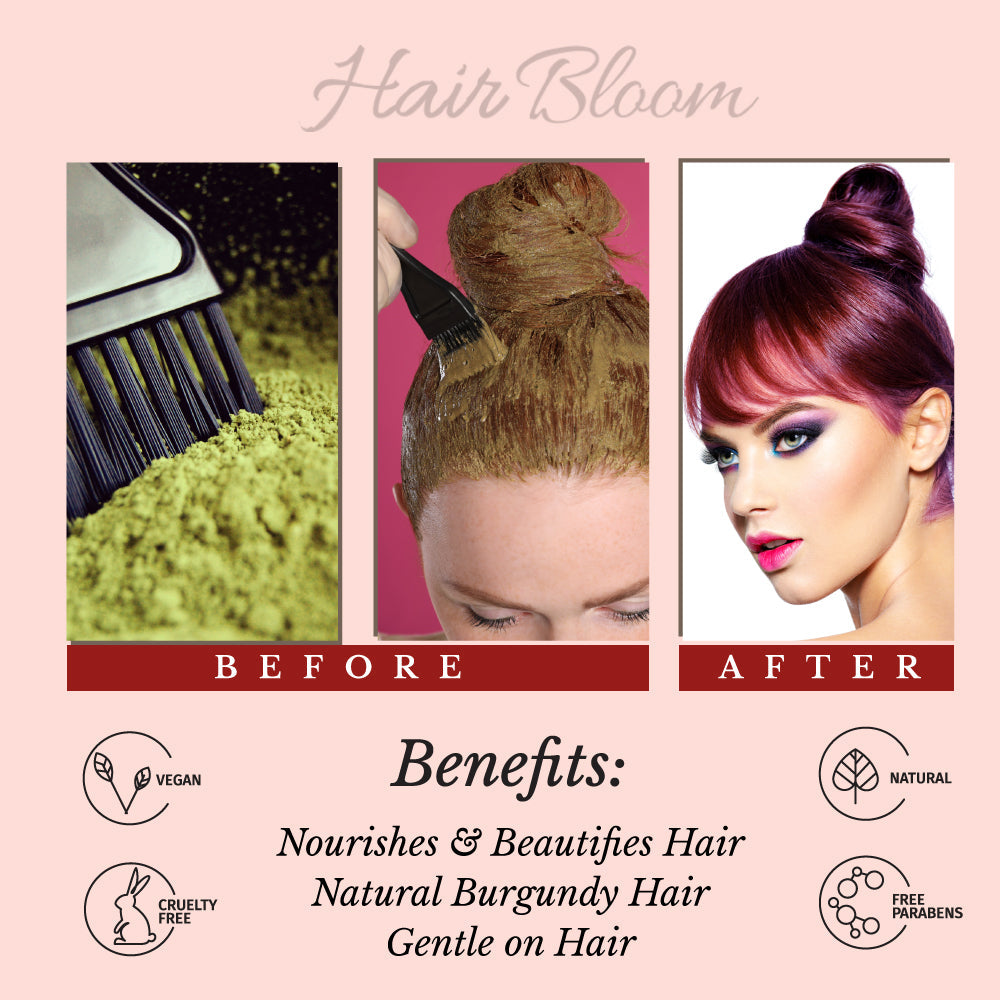 Hair Bloom Natural Burgundy Hair Color- Herbal Henna Burgundy Hair Color Powder- 12 individual sachets (10 gm each)- Reusable Brush & Tray Included-1