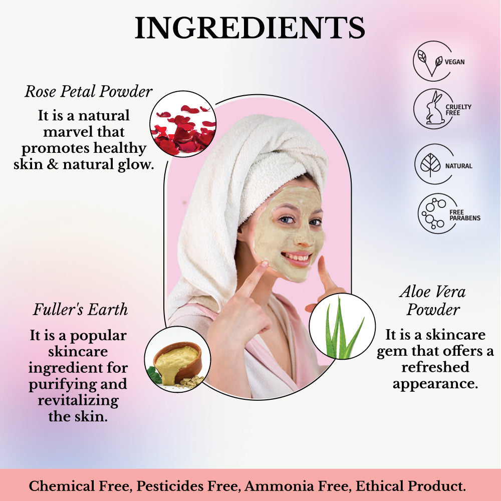 Face Glow- Fuller’s Earth w/ Rose & Aloe Vera- 12 Individual Sachets of Multani Mitti (10 gm each)- Reusable Brush & Tray Included-3