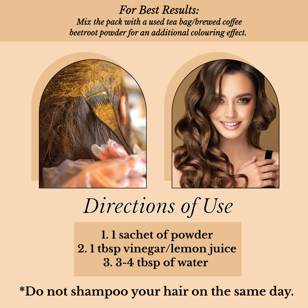 Hair Bloom Natural Brunette Hair Color- Herbal Henna & Indigo Mix Hair Color Powder- 12 individual sachets (10 gm each)- Reusable Brush & Tray Included-4