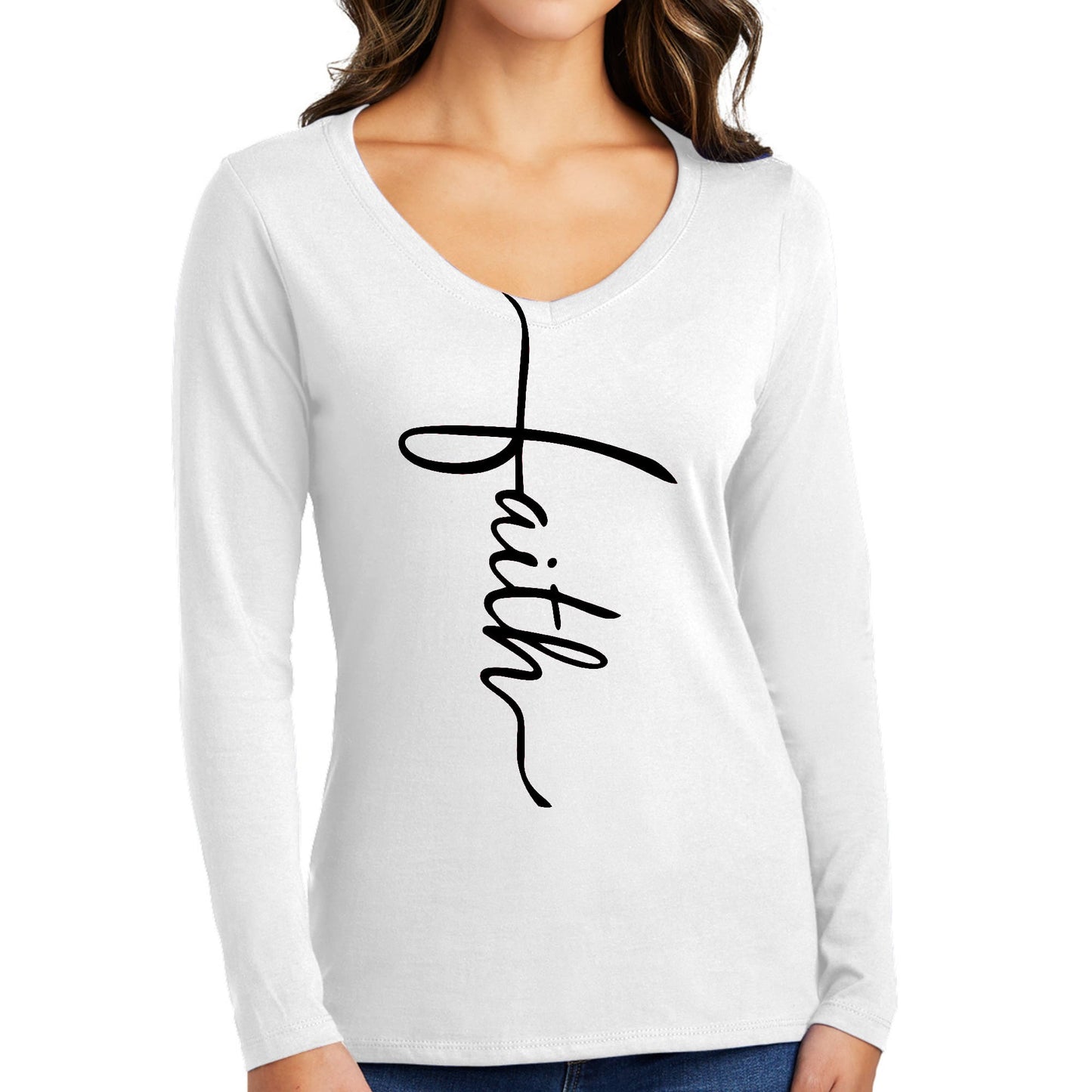 Womens Long Sleeve V-neck Graphic T-shirt - Faith Script Cross Black-0