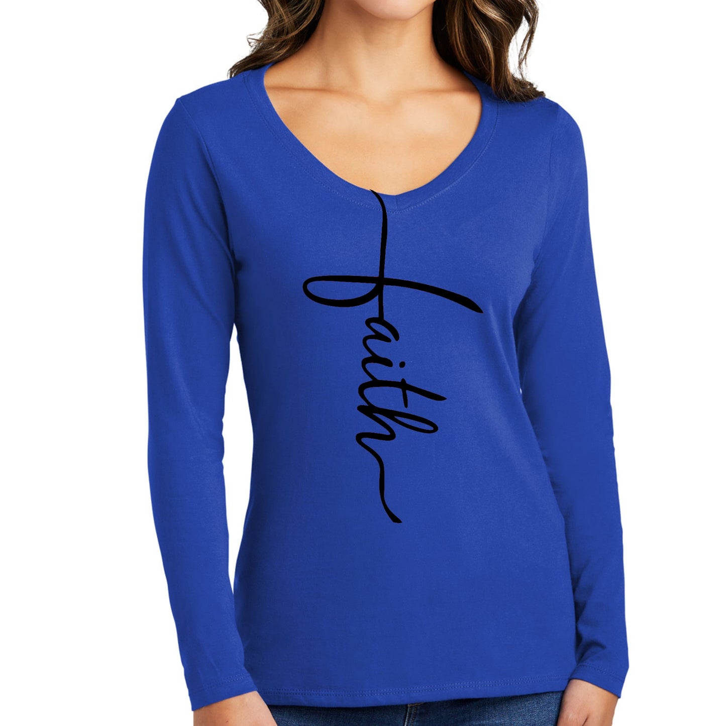 Womens Long Sleeve V-neck Graphic T-shirt - Faith Script Cross Black-2