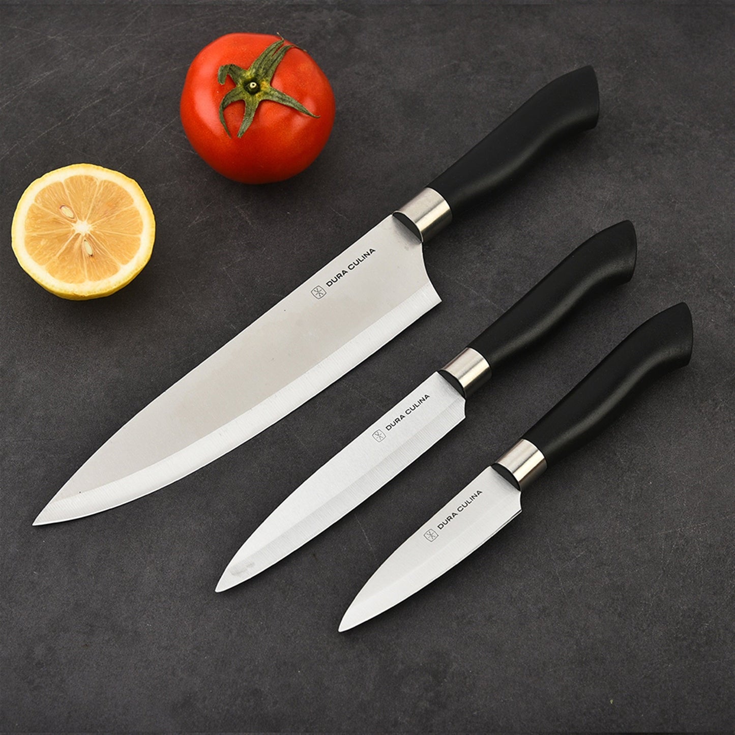 3 Piece Kitchen Knife Set with Matching Blade Guards, Black-2