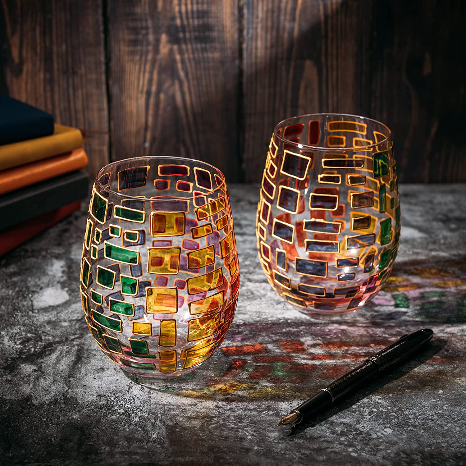 The Wine Savant Renaissance Stained Glass Windows, Artisanal Hand Painted Glassware Gift Idea Her, Him, Birthday, Mom, Housewarming, Gifts Ideas for Women & Men Art Deco (Stemless Wine Glasses)-2