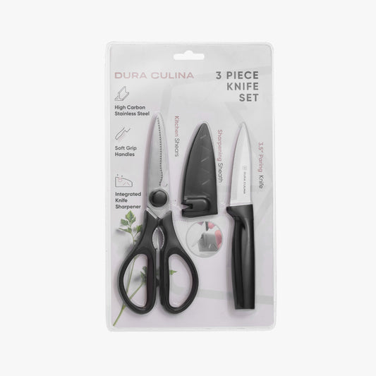 3 Piece Kitchen Knife Set - Paring Knife, Blade Guard with Built in Sharpener, and Multi Purpose Shears-0