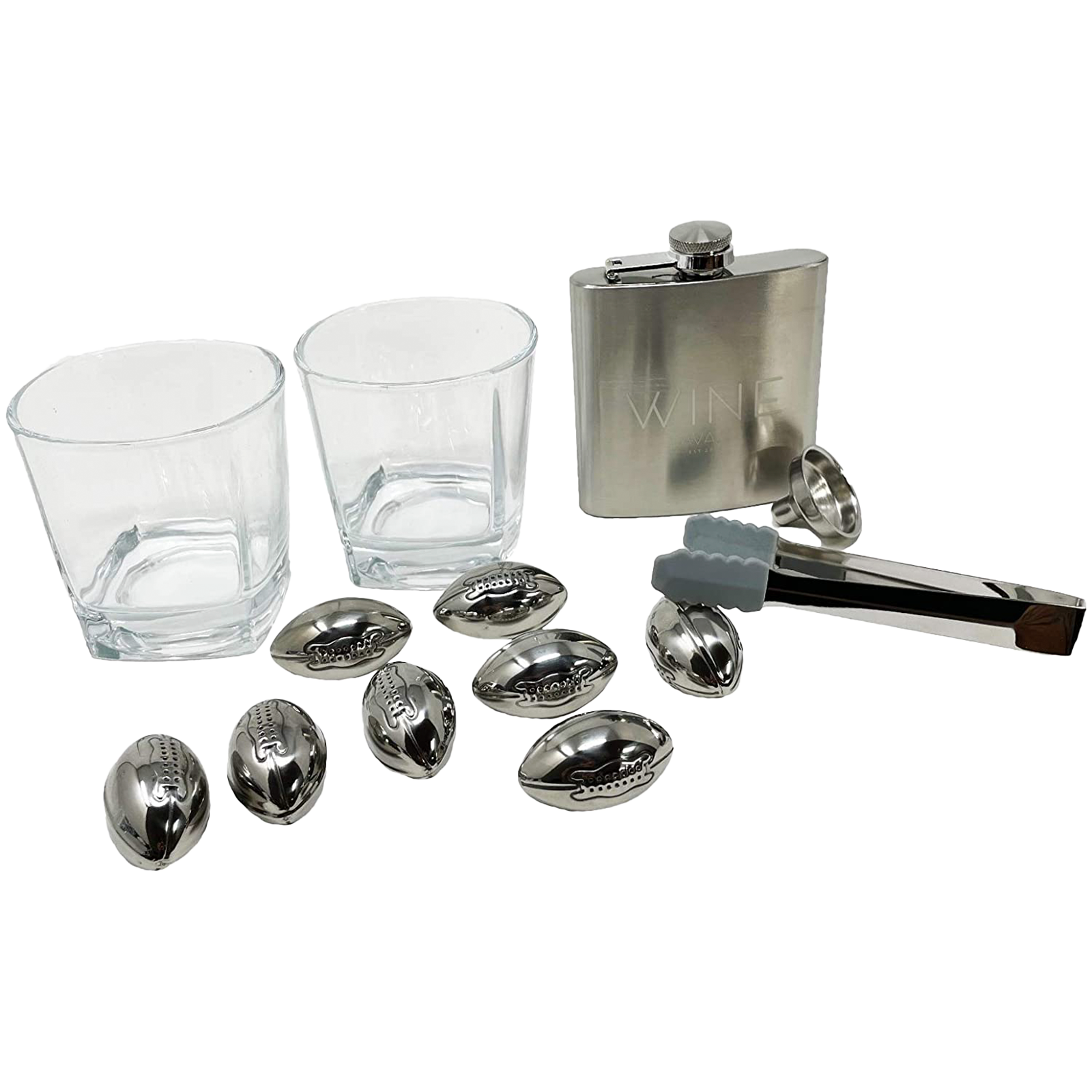 Whiskey Glasses And Football Chilling Stones Gift Set, 2 Whiskey Glasses, 8 Stainless Steel Whiskey Footballs, Coasters, Special Tongs & Freezer Pouch-1