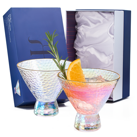 Iridescent Lustered Stemless Martini Glasses Set of 2 - Hammered Cocktail & Martini Glasses - Luxury Gift Box - Gold Rim 8oz Colorful Stemless Glassware - Weddings, Anniversary, Christmas, Barware-0