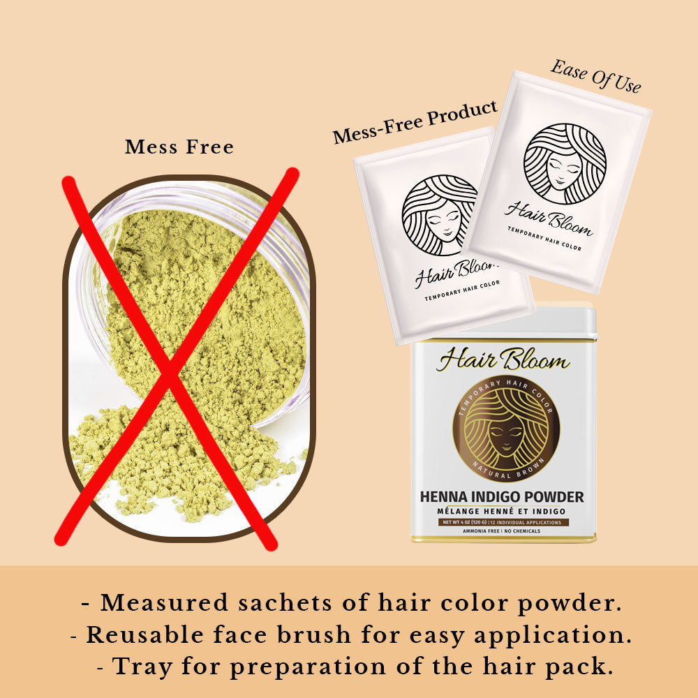 Hair Bloom Natural Brunette Hair Color- Herbal Henna & Indigo Mix Hair Color Powder- 12 individual sachets (10 gm each)- Reusable Brush & Tray Included-3
