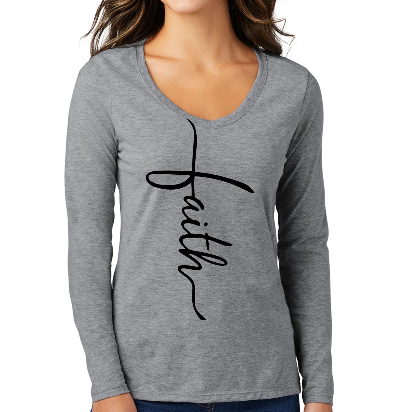 Womens Long Sleeve V-neck Graphic T-shirt - Faith Script Cross Black-3