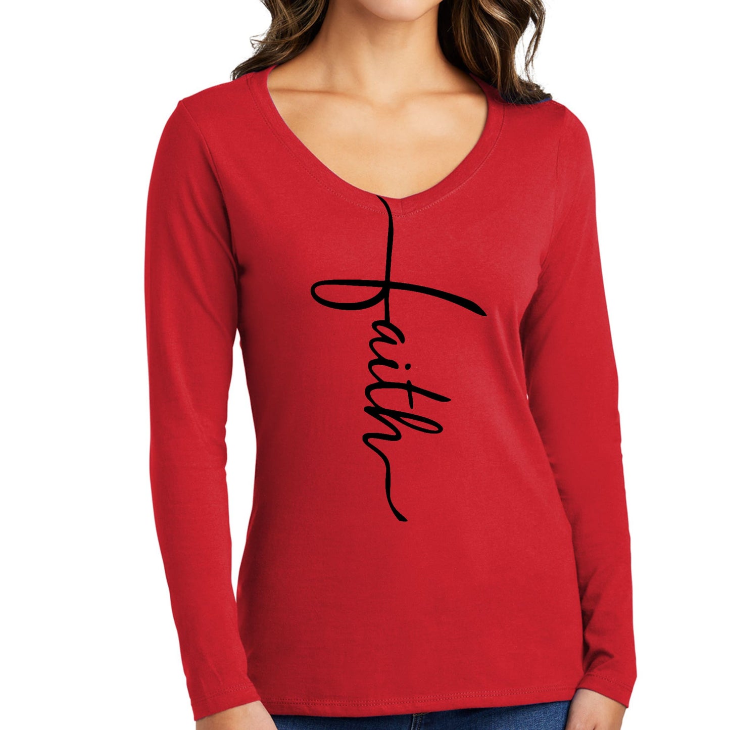 Womens Long Sleeve V-neck Graphic T-shirt - Faith Script Cross Black-1